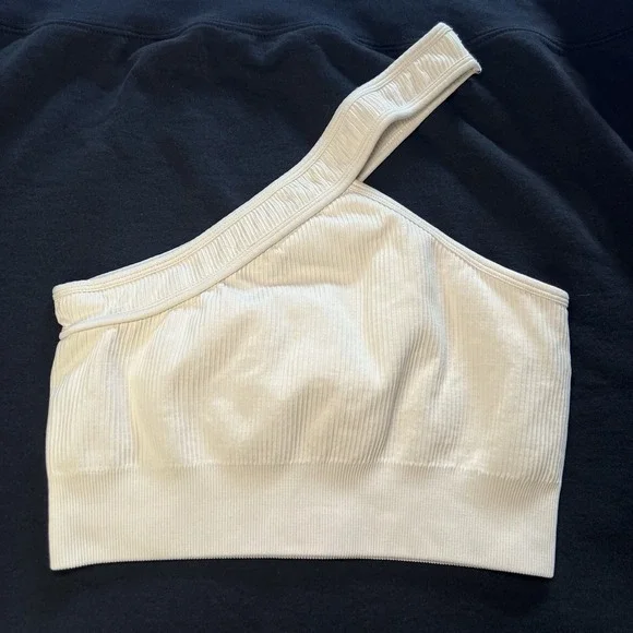 Ivory One Shoulder Ribbed Crop Tank Top Sports Bra Women's Size Medium - Picture 2 of 4